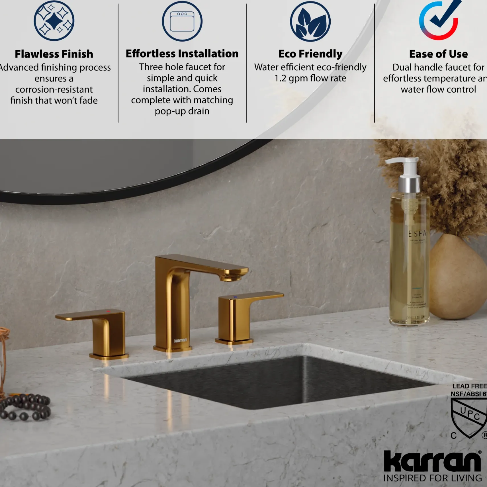 Karran Venda 1.2 GPM Double Lever Handle Lead-free Brass ADA Bathroom Faucet, Widespread, Gold, KBF514G