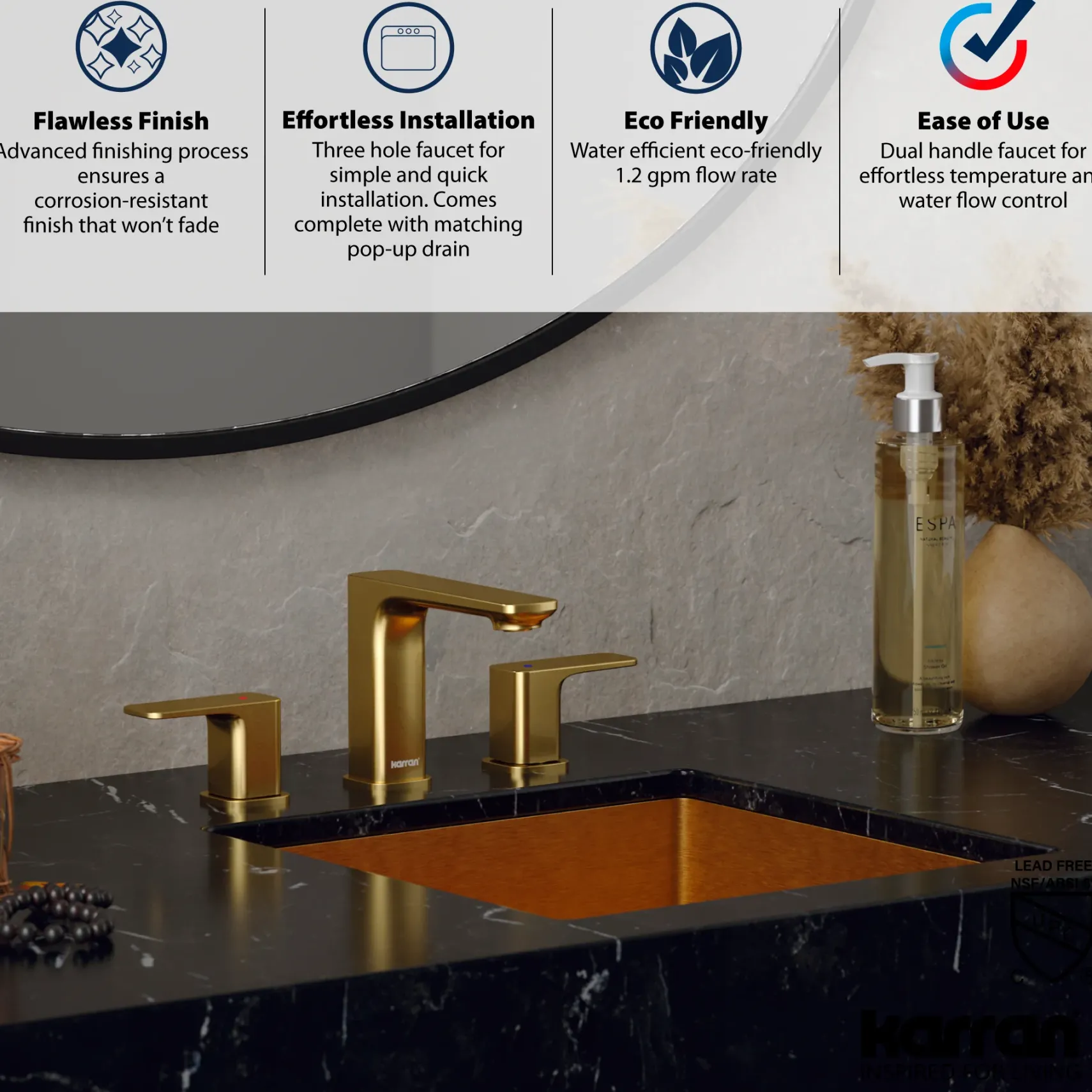 Karran Venda 1.2 GPM Double Lever Handle Lead-free Brass ADA Bathroom Faucet, Widespread, Brushed Gold, KBF514BG