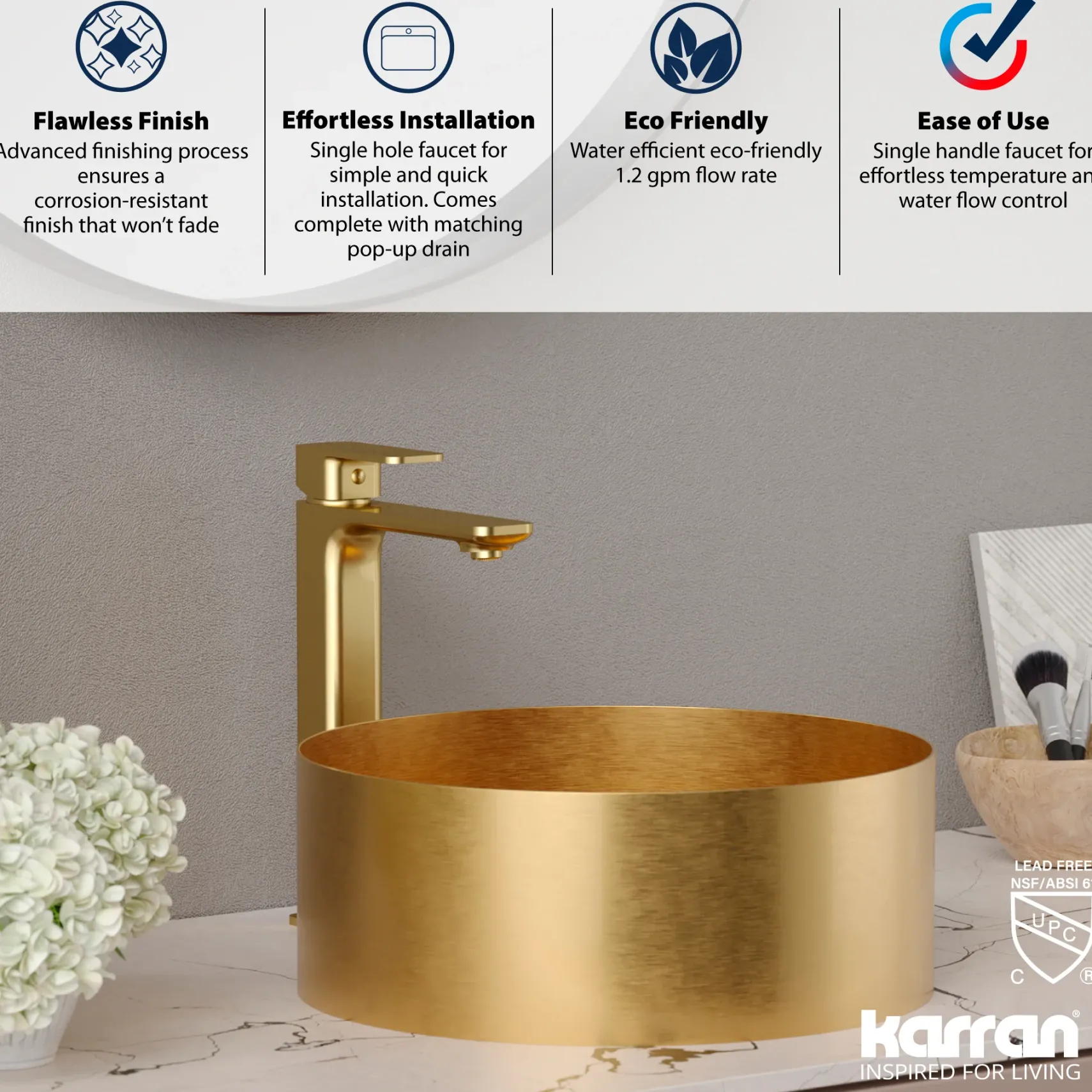 Karran Venda 1.2 GPM Single Lever Handle Lead-free Brass ADA Bathroom Faucet, Vessel, Brushed Gold, KBF512BG
