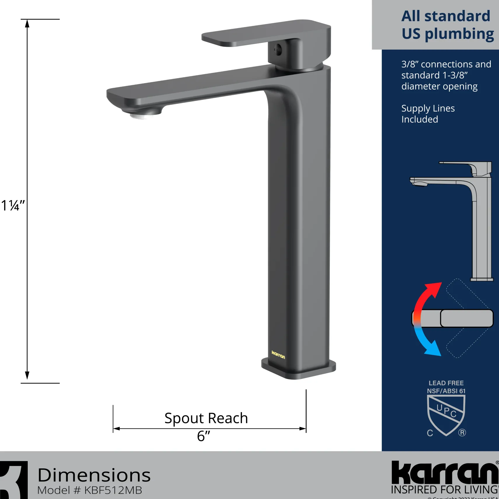 Karran Venda 1.2 GPM Single Lever Handle Lead-free Brass ADA Bathroom Faucet, Vessel, Matte Black, KBF512MB