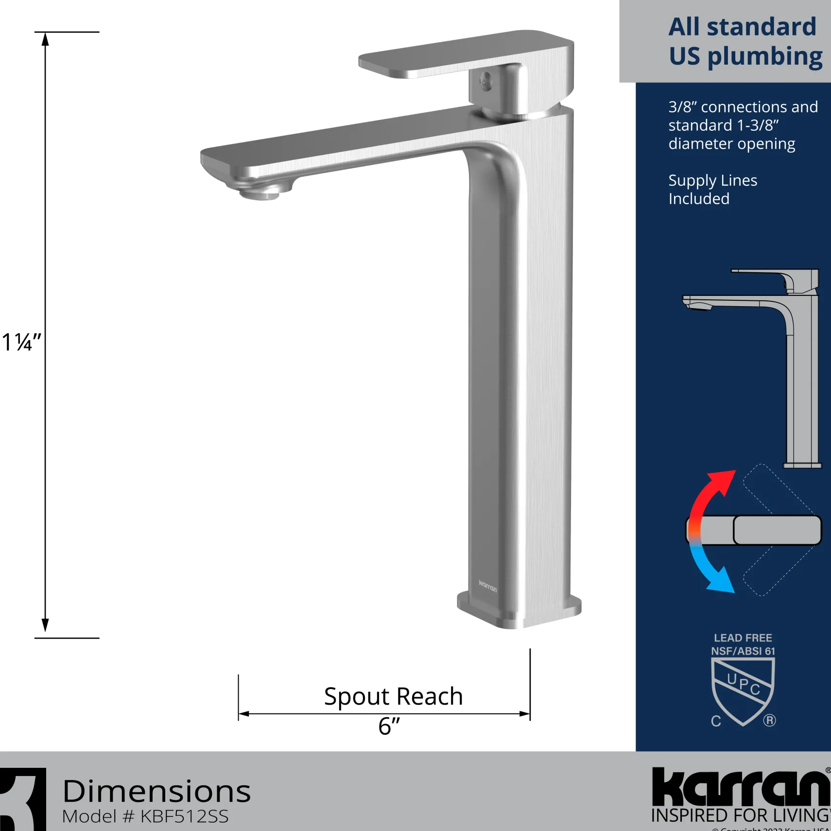 Karran Venda 1.2 GPM Single Lever Handle Lead-free Brass ADA Bathroom Faucet, Vessel, Stainless Steel, KBF512SS