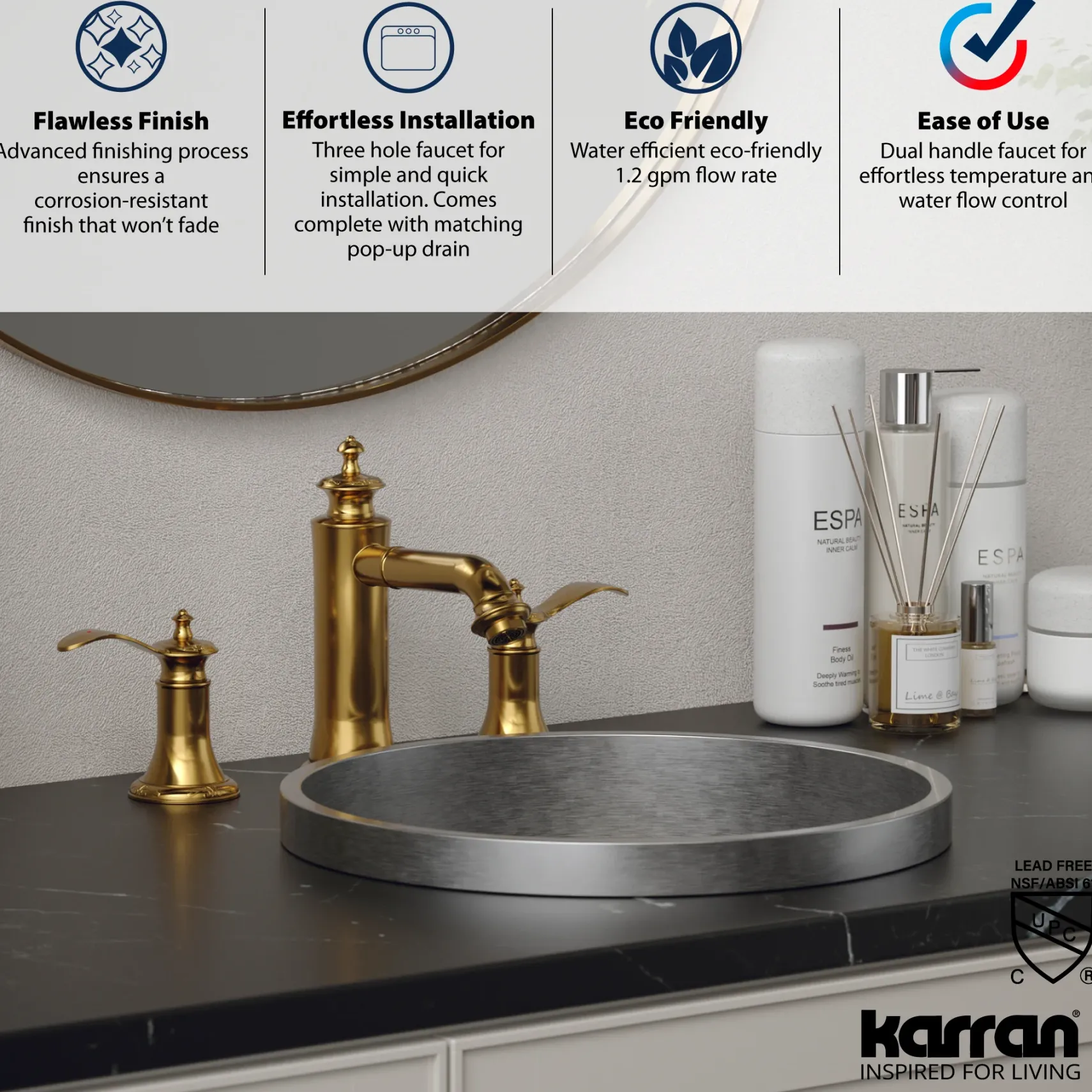 Karran Vineyard 1.2 GPM Double Lever Handle Lead-free Brass ADA Bathroom Faucet, Widespread, Gold, KBF474G