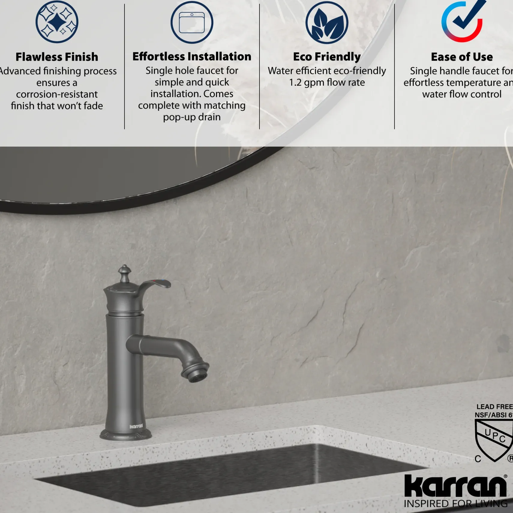 Karran Vineyard 1.2 GPM Single Lever Handle Lead-free Brass ADA Bathroom Faucet, Basin, Gunmetal Grey, KBF470GG