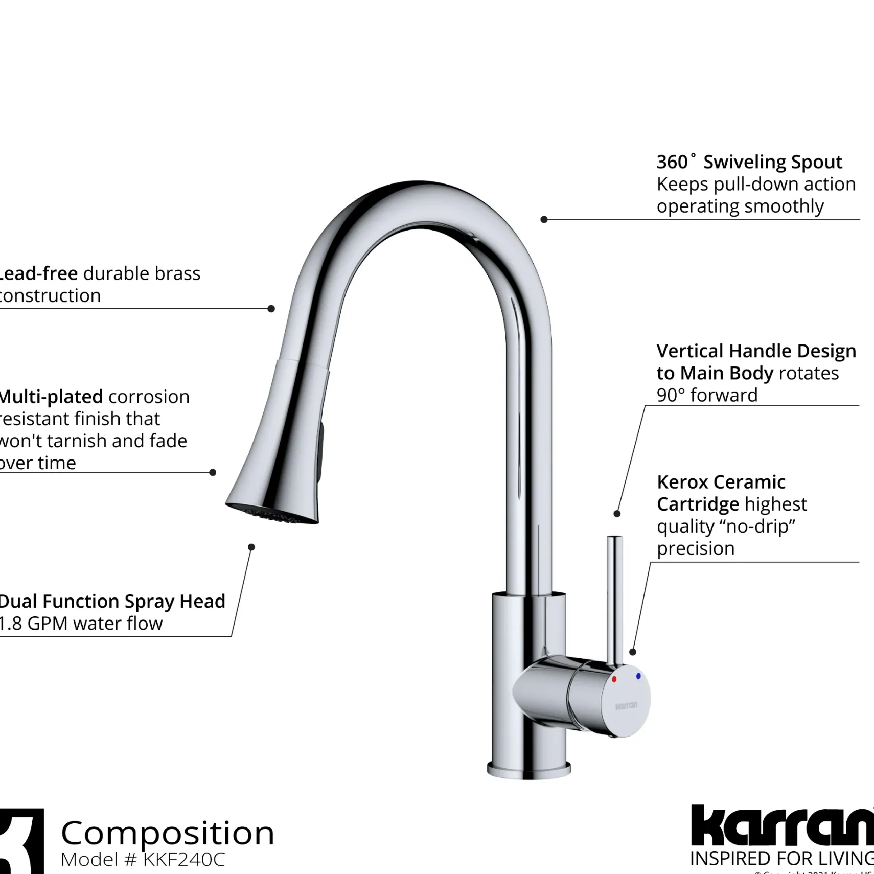 Karran Weybridge 1.8 GPM Single Lever Handle Lead-free Brass ADA Kitchen Faucet, Pull-Down Kitchen, Chrome, KKF240SD25C
