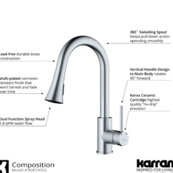 Karran Weybridge 1.8 GPM Single Lever Handle Lead-free Brass ADA Kitchen Faucet, Pull-Down Kitchen, Stainless Steel, KKF240SD25SS