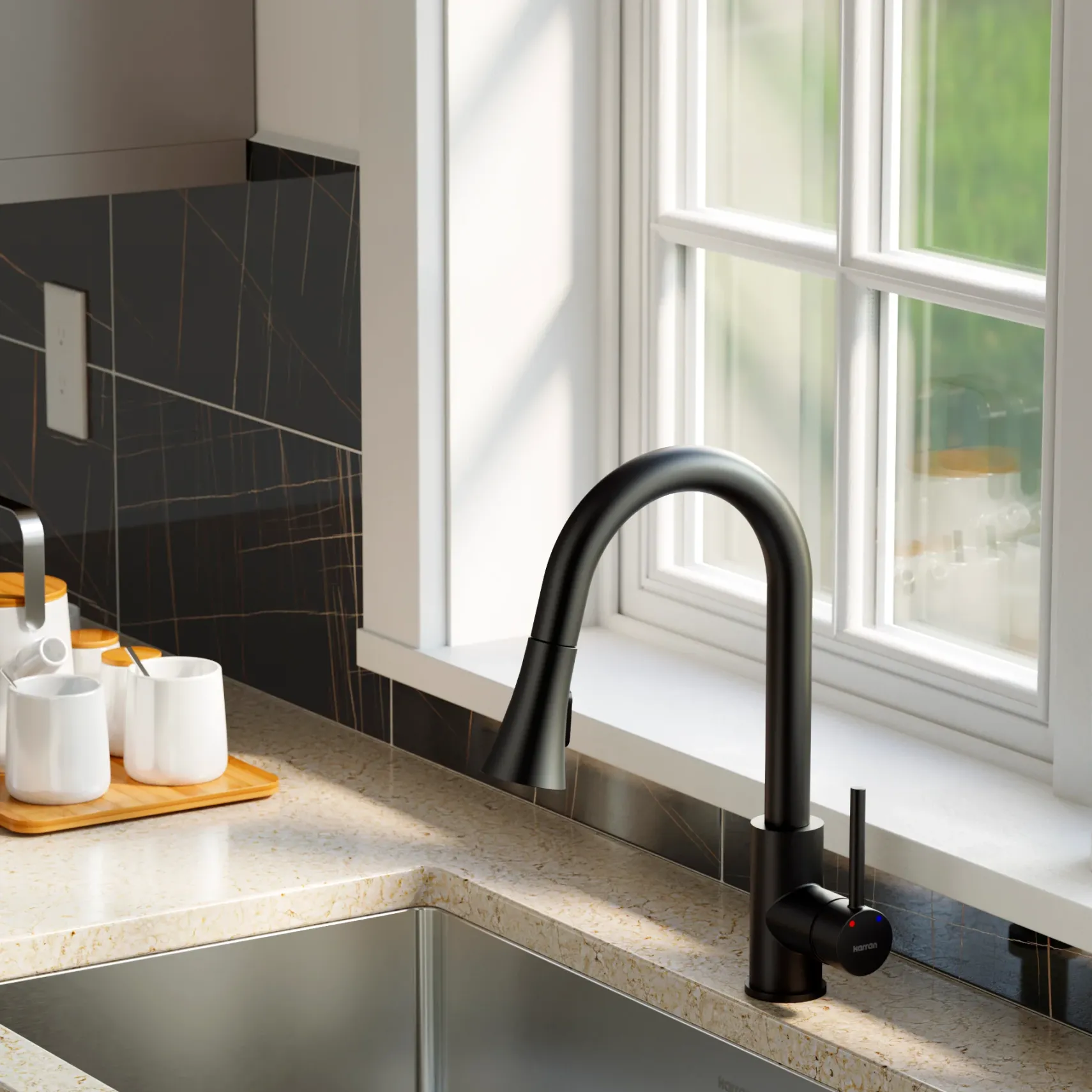 Karran Weybridge 1.8 GPM Single Lever Handle Lead-free Brass ADA Kitchen Faucet, Pull-Down Kitchen, Matte Black, KKF240SD25MB