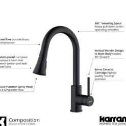 Karran Weybridge 1.8 GPM Single Lever Handle Lead-free Brass ADA Kitchen Faucet, Pull-Down Kitchen, Matte Black, KKF240SD25MB