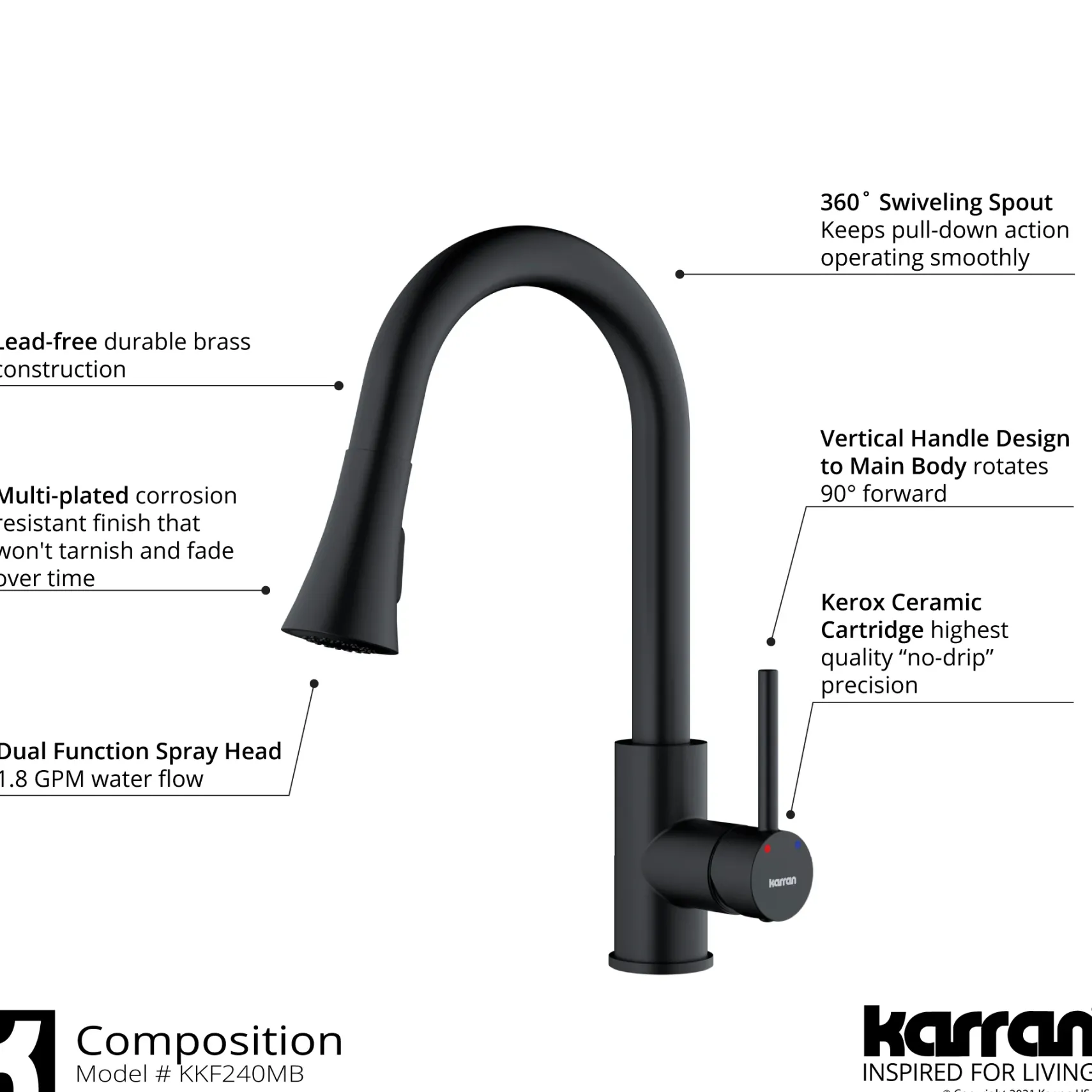 Karran Weybridge 1.8 GPM Single Lever Handle Lead-free Brass ADA Kitchen Faucet, Pull-Down Kitchen, Matte Black, KKF240SD25MB