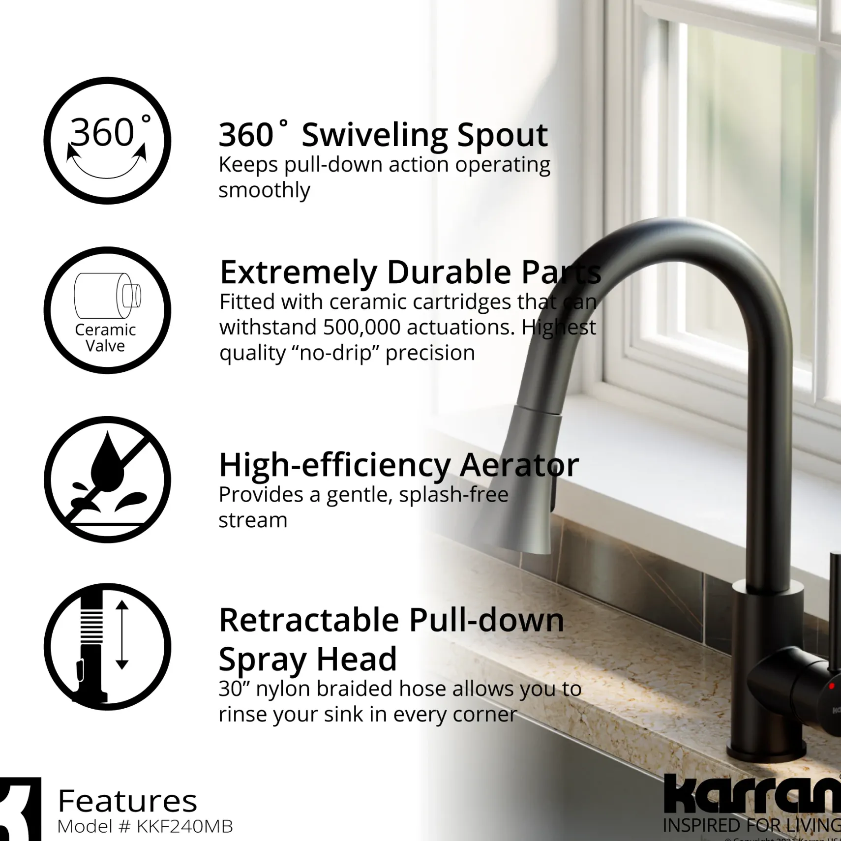 Karran Weybridge 1.8 GPM Single Lever Handle Lead-free Brass ADA Kitchen Faucet, Pull-Down Kitchen, Matte Black, KKF240SD25MB