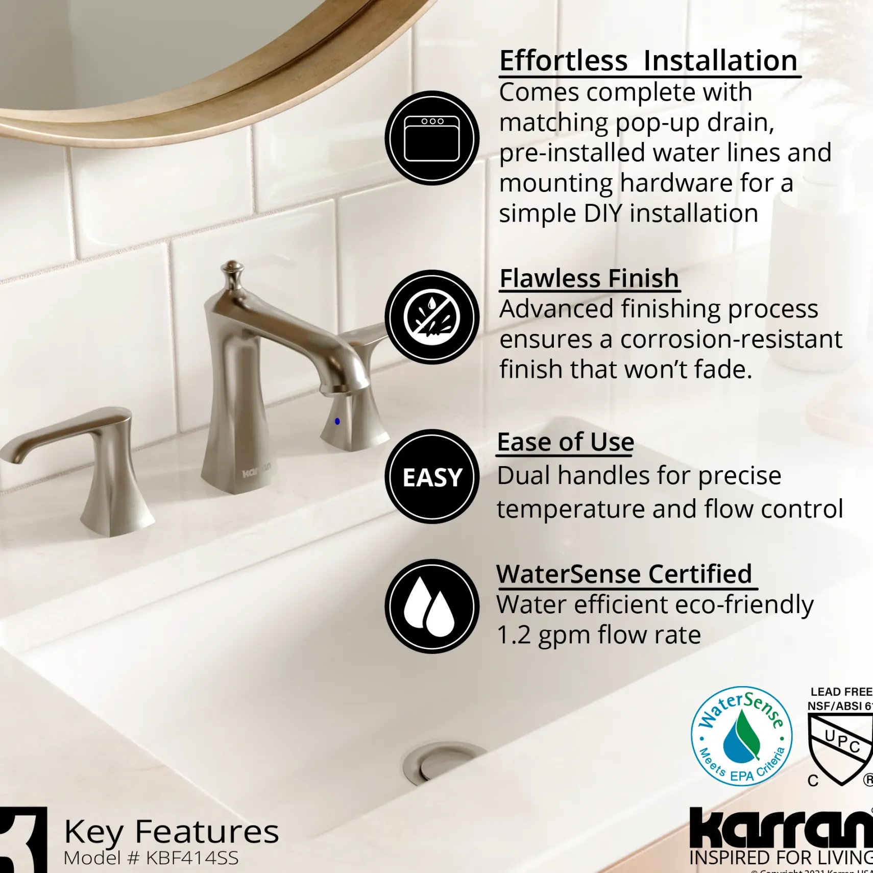 Karran Woodburn 1.2 GPM Double Lever Handle Lead-free Brass ADA Bathroom Faucet, Widespread, Stainless Steel, KBF414SS