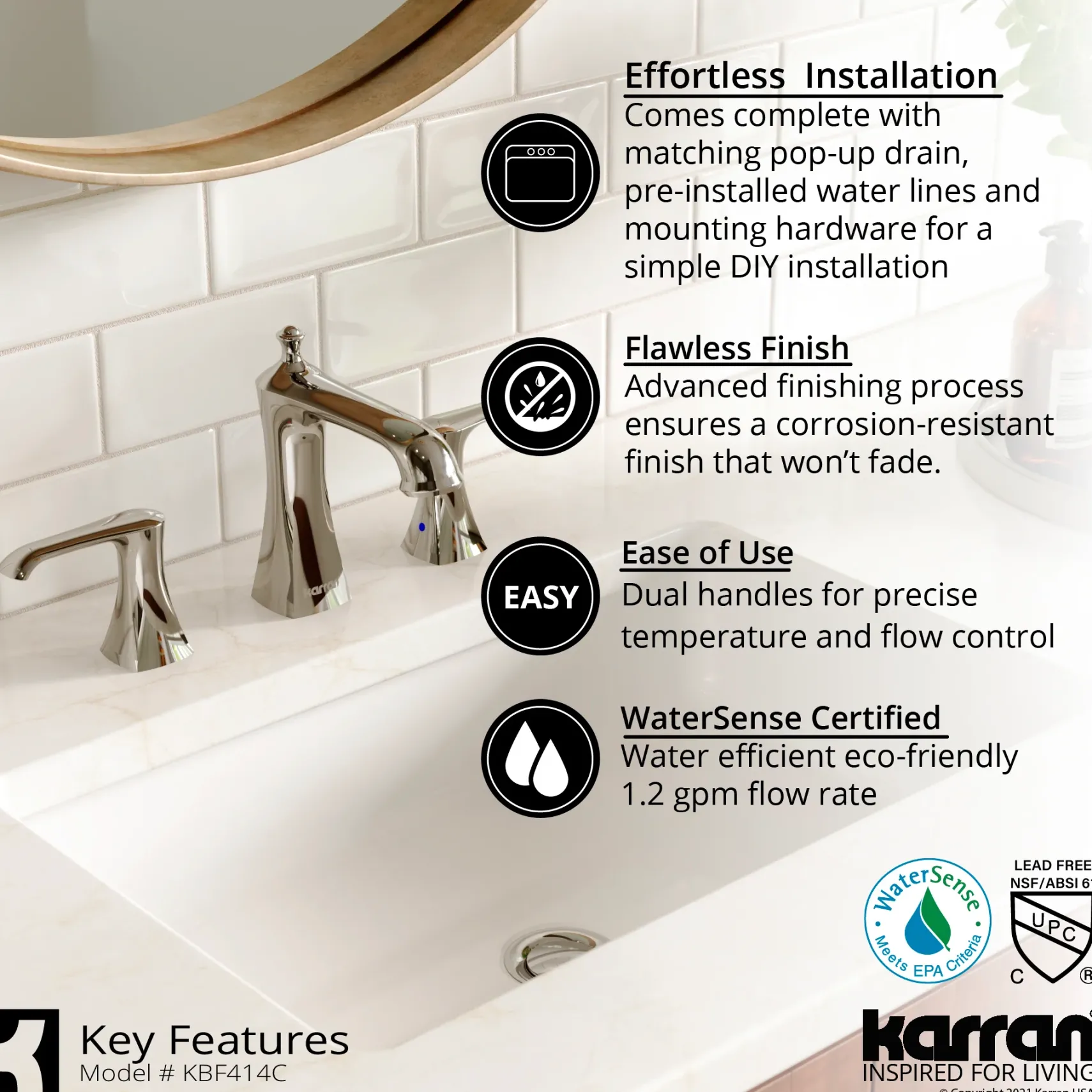 Karran Woodburn 1.2 GPM Double Lever Handle Lead-free Brass ADA Bathroom Faucet, Widespread, Chrome, KBF414C