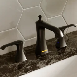 Karran Woodburn 1.2 GPM Double Lever Handle Lead-free Brass ADA Bathroom Faucet, Widespread, Matte Black, KBF414MB