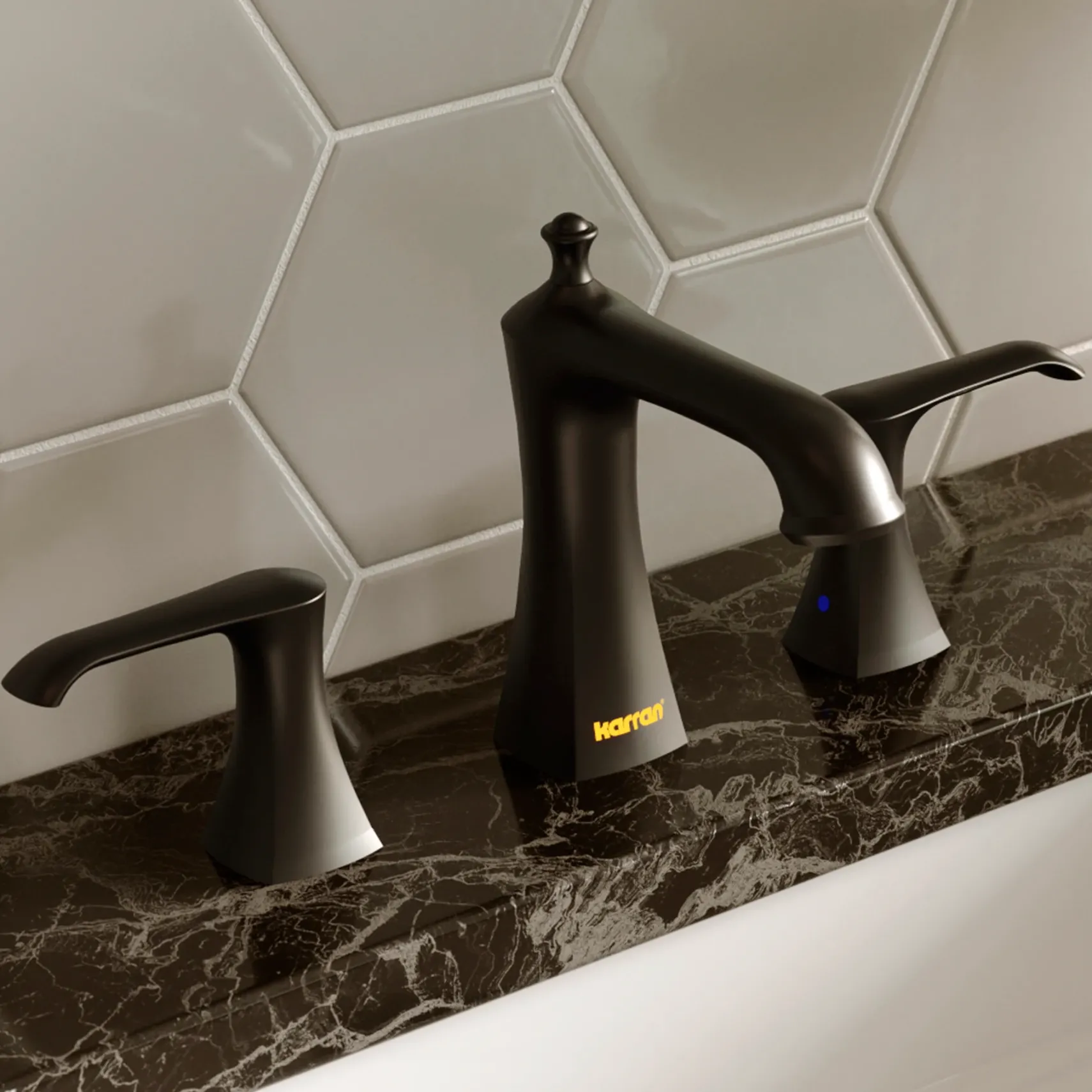Karran Woodburn 1.2 GPM Double Lever Handle Lead-free Brass ADA Bathroom Faucet, Widespread, Matte Black, KBF414MB
