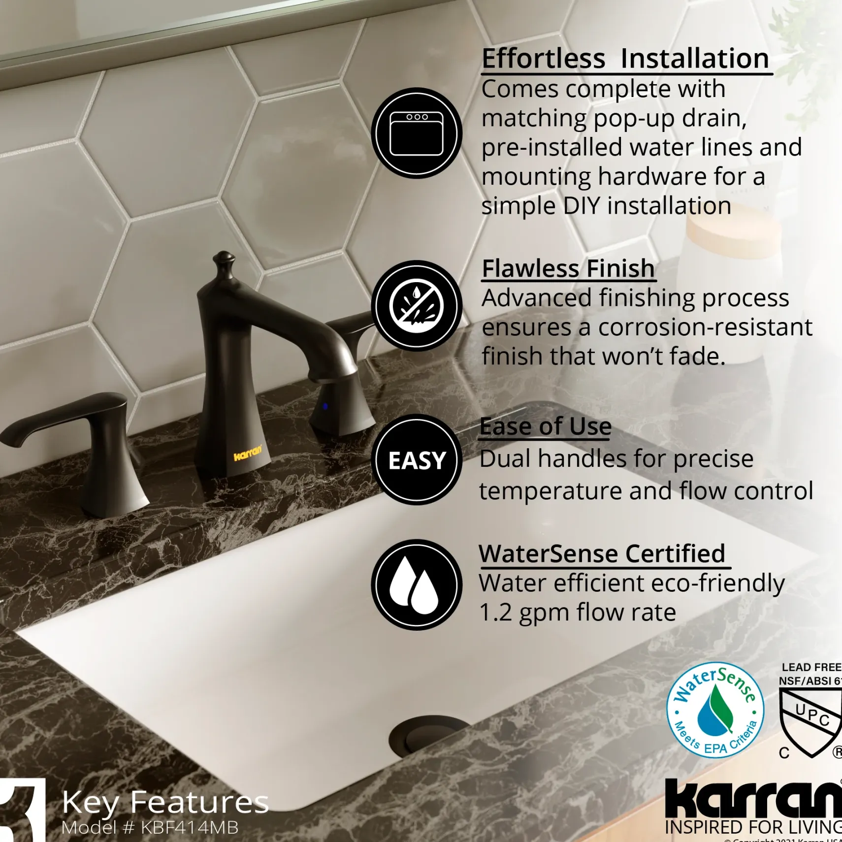 Karran Woodburn 1.2 GPM Double Lever Handle Lead-free Brass ADA Bathroom Faucet, Widespread, Matte Black, KBF414MB