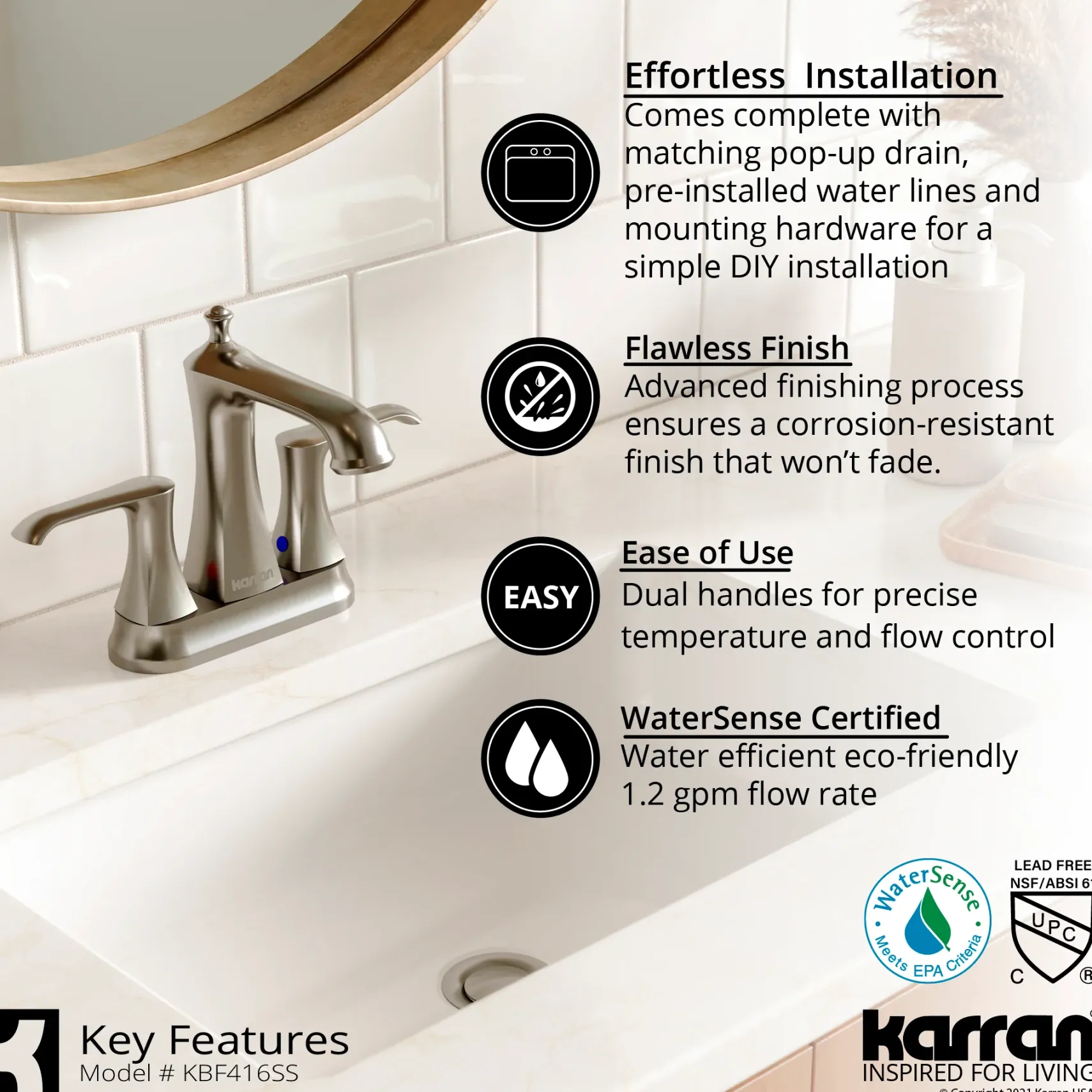 Karran Woodburn 1.2 GPM Double Lever Handle Lead-free Brass ADA Bathroom Faucet, Centerset, Stainless Steel, KBF416SS