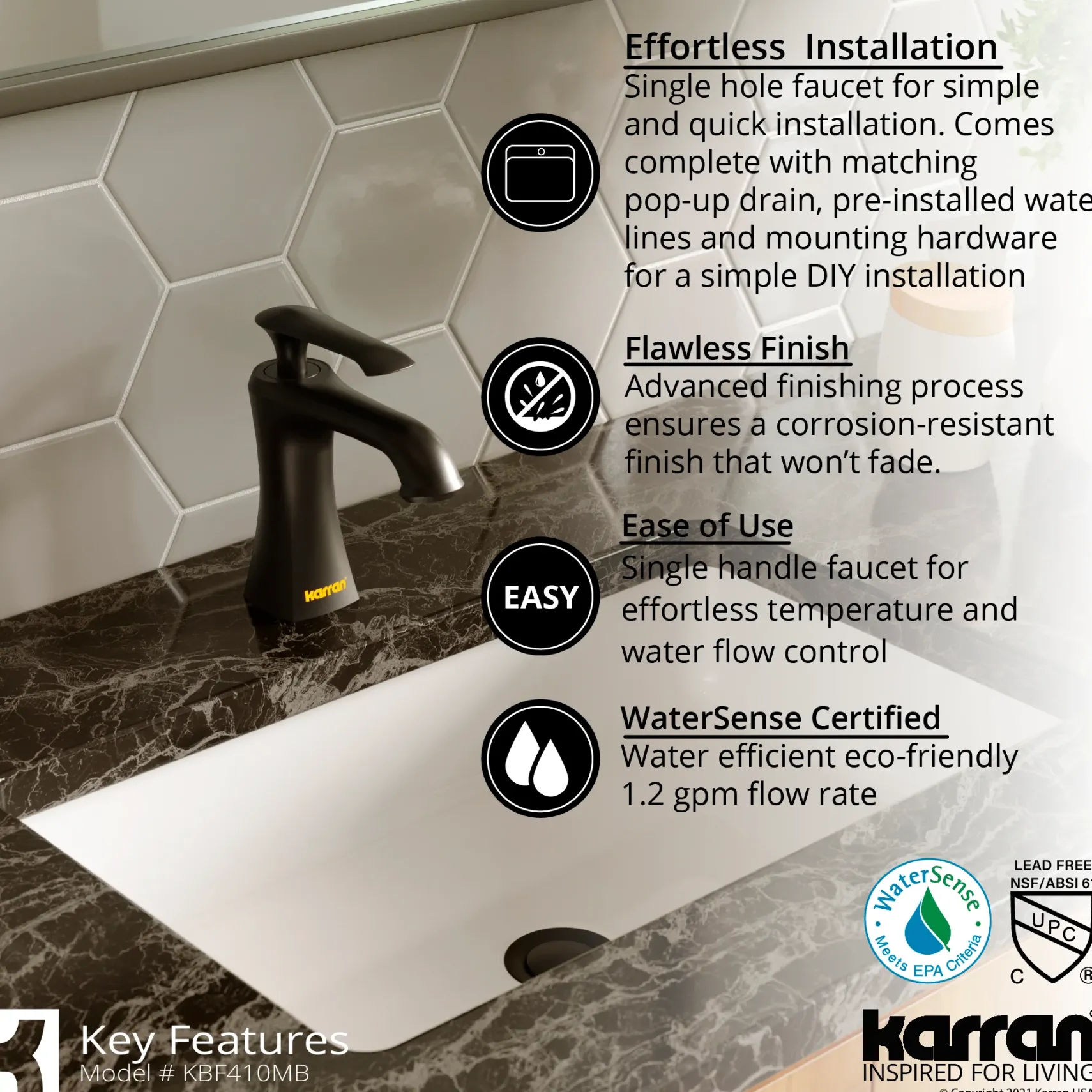 Karran Woodburn 1.2 GPM Single Lever Handle Lead-free Brass ADA Bathroom Faucet, Basin, Matte Black, KBF410MB