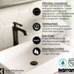 Karran Woodburn 1.2 GPM Single Lever Handle Lead-free Brass ADA Bathroom Faucet, Vessel, Matte Black, KBF412MB