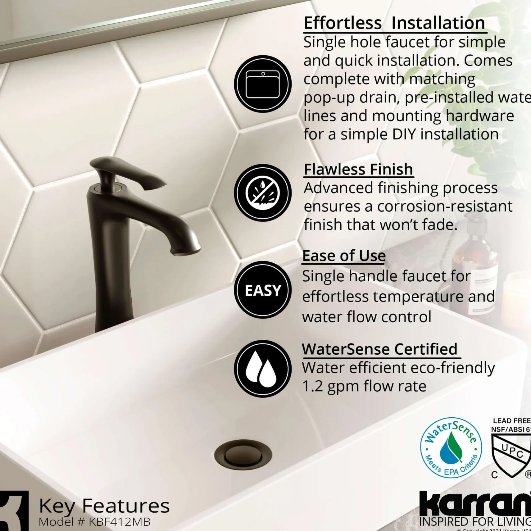 Karran Woodburn 1.2 GPM Single Lever Handle Lead-free Brass ADA Bathroom Faucet, Vessel, Matte Black, KBF412MB