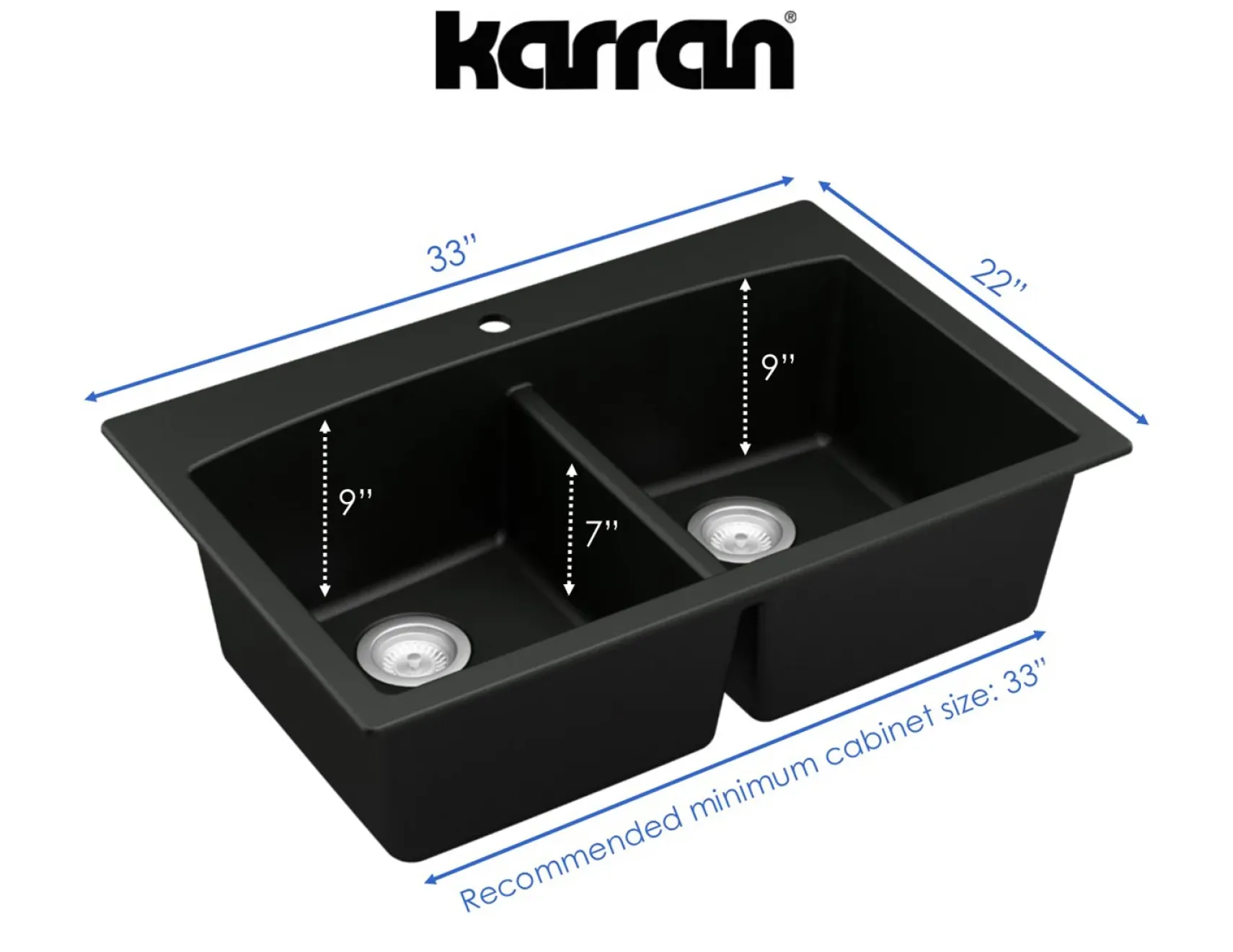 Karran 33" Drop In/Topmount Quartz Composite Kitchen Sink, 50/50 Double Bowl, Black, QT-710-BL