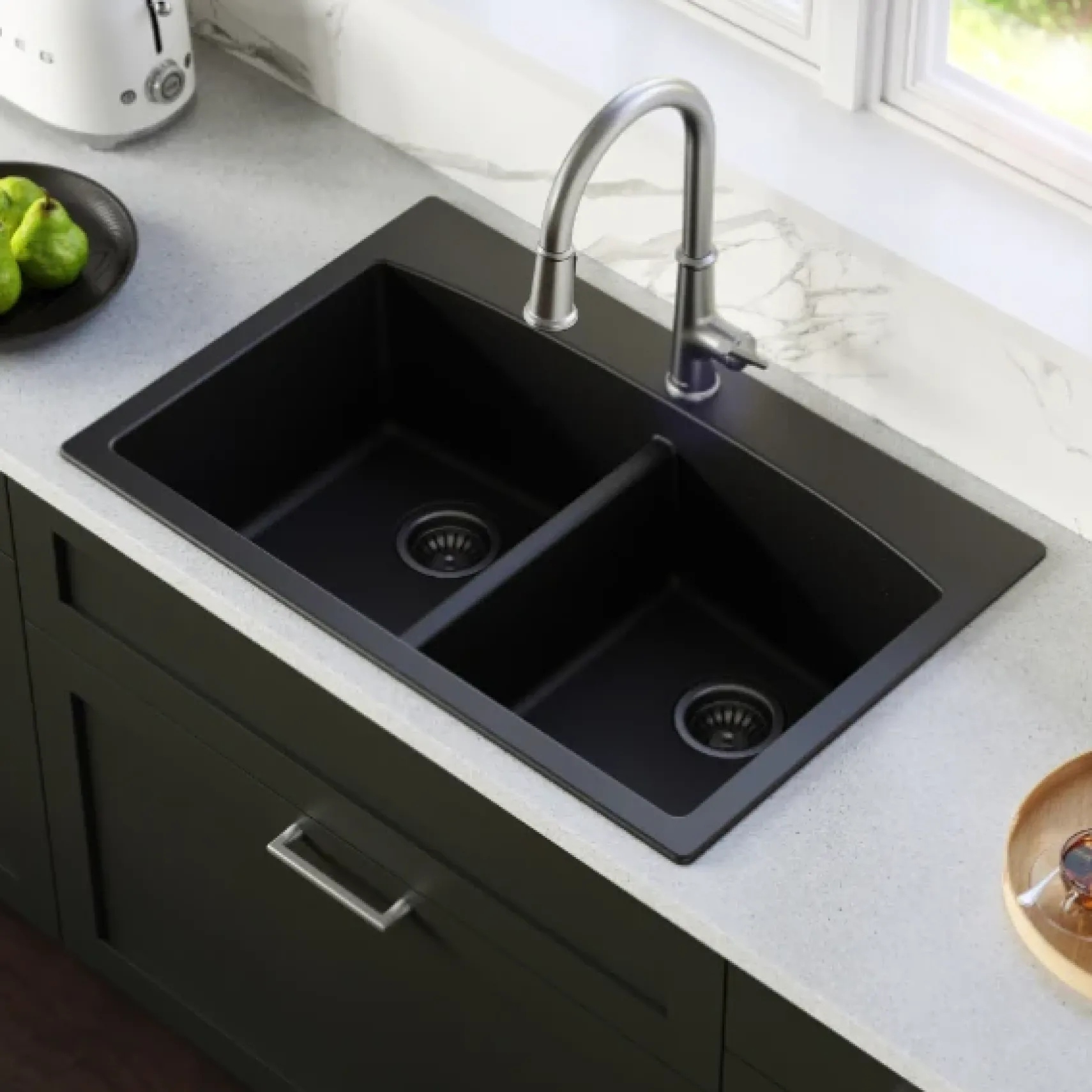 Karran 33" Drop In/Topmount Quartz Composite Kitchen Sink, 50/50 Double Bowl, Black, QT-710-BL