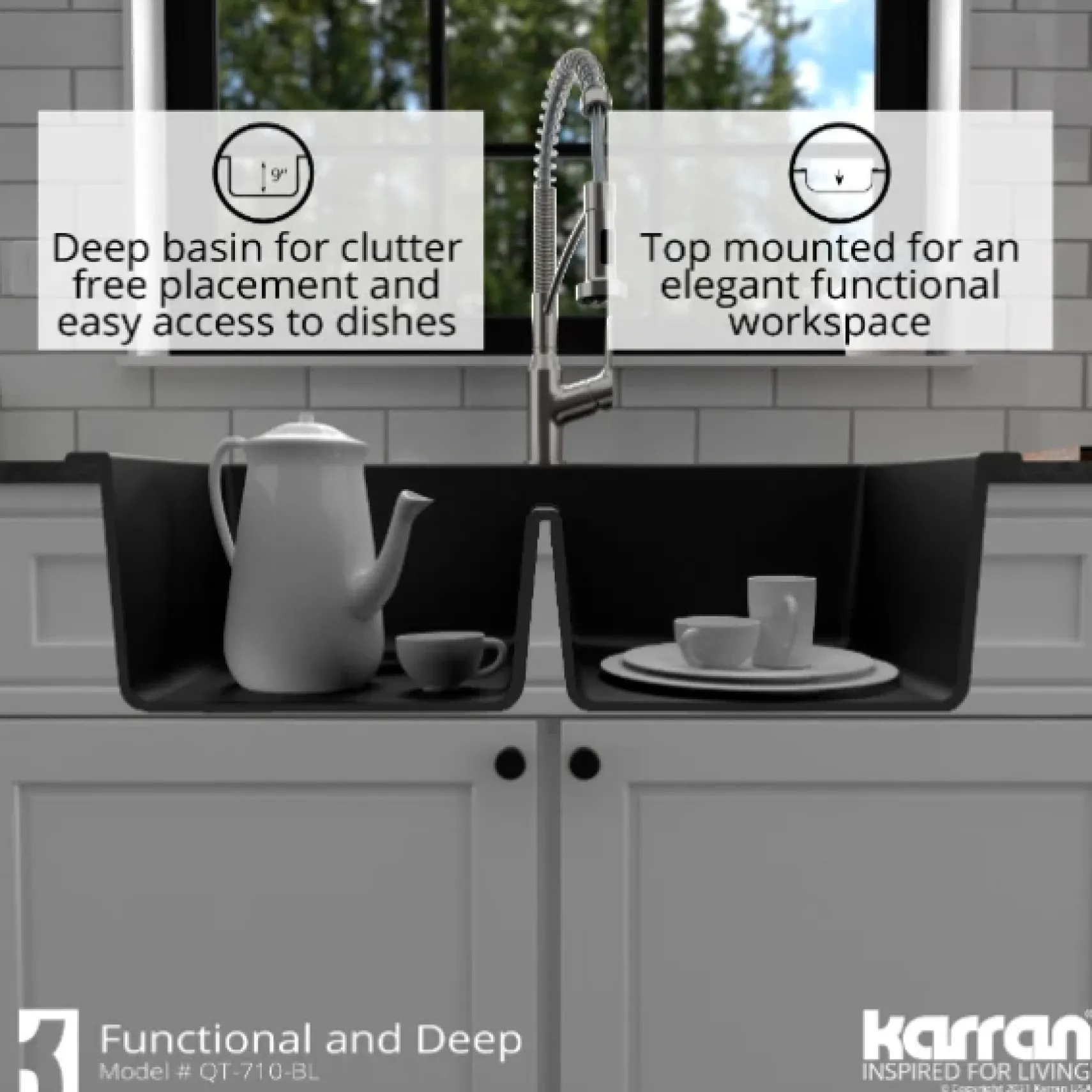 Karran 33" Drop In/Topmount Quartz Composite Kitchen Sink, 50/50 Double Bowl, Black, QT-710-BL