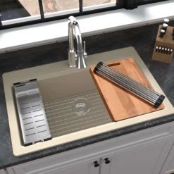 Karran 33" Drop In/Topmount Quartz Composite Workstation Kitchen Sink with Accessories, Bisque, QTWS-875-BI