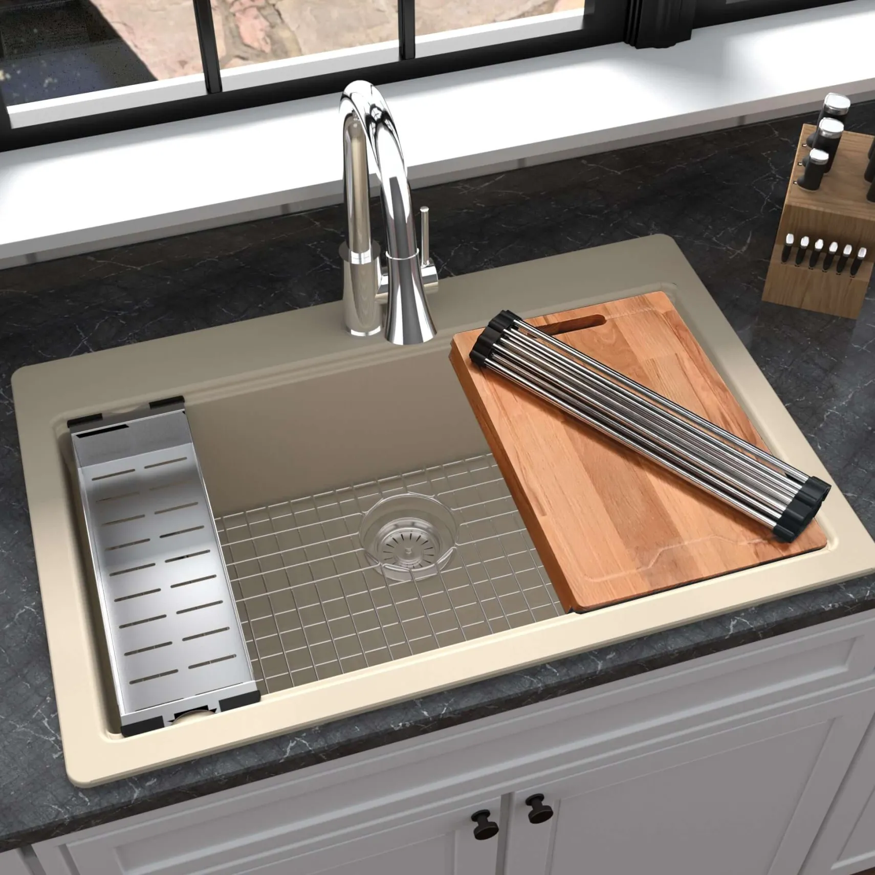 Karran 33" Drop In/Topmount Quartz Composite Workstation Kitchen Sink with Accessories, Bisque, QTWS-875-BI
