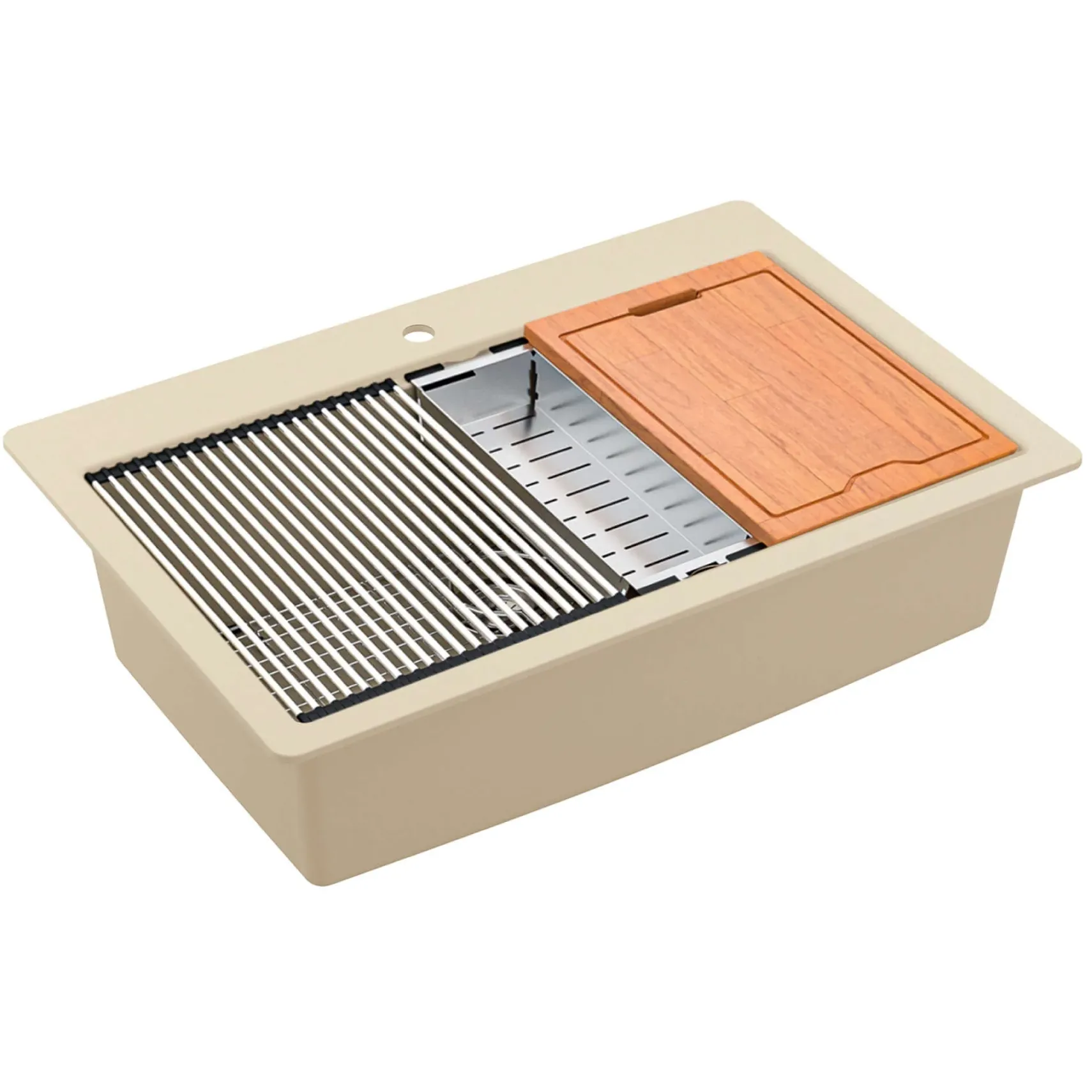 Karran 33" Drop In/Topmount Quartz Composite Workstation Kitchen Sink with Accessories, Bisque, QTWS-875-BI