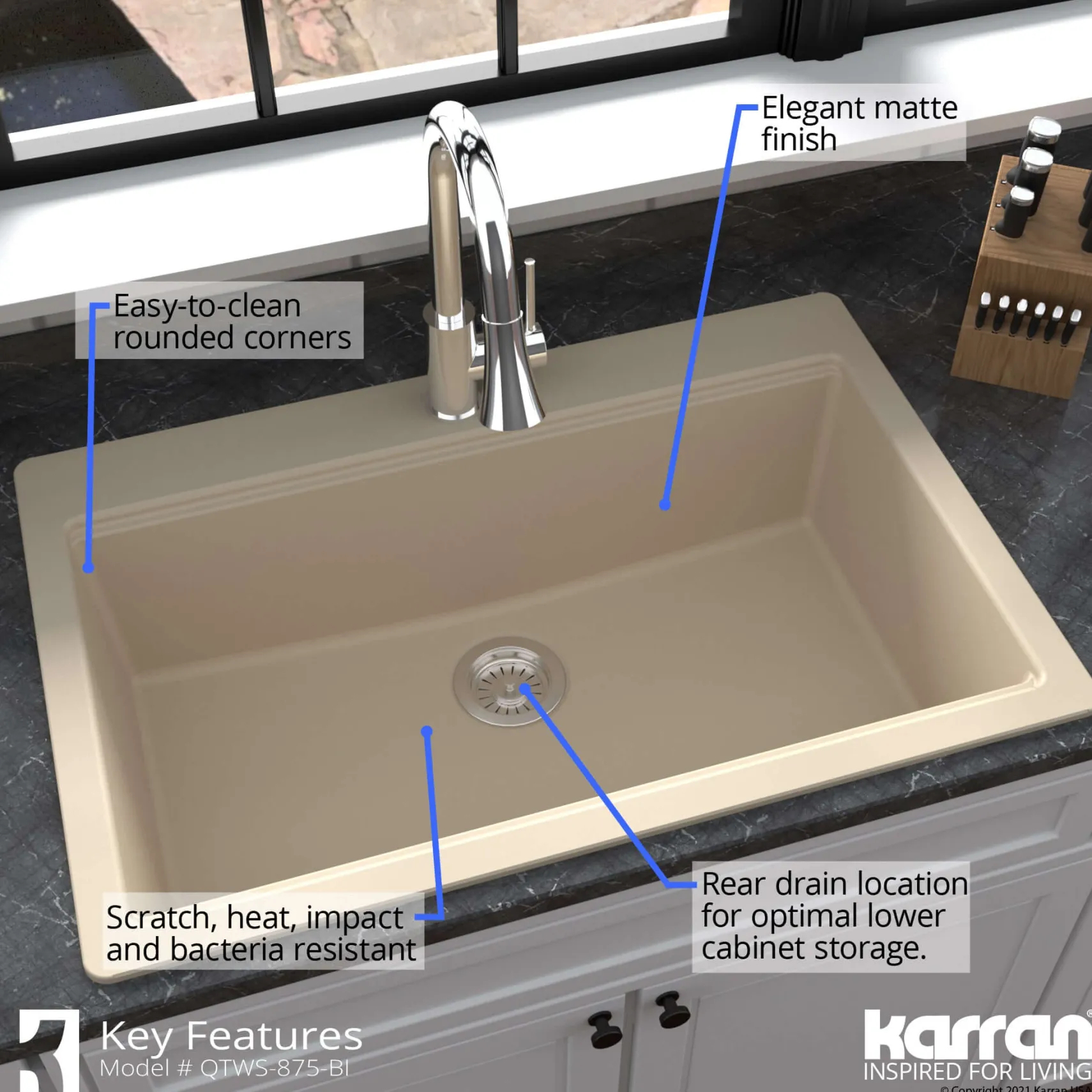 Karran 33" Drop In/Topmount Quartz Composite Workstation Kitchen Sink with Accessories, Bisque, QTWS-875-BI