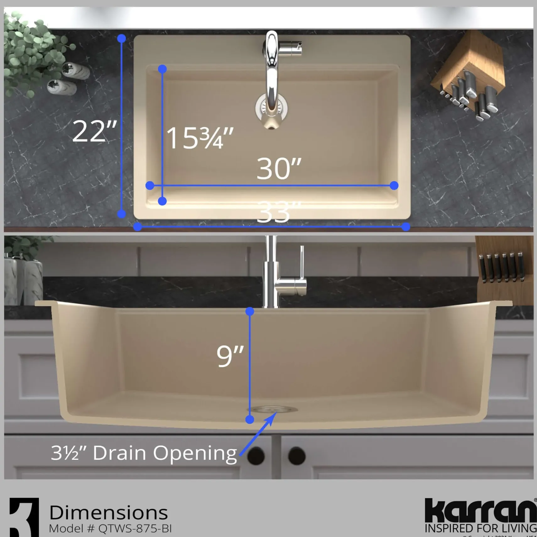 Karran 33" Drop In/Topmount Quartz Composite Workstation Kitchen Sink with Accessories, Bisque, QTWS-875-BI