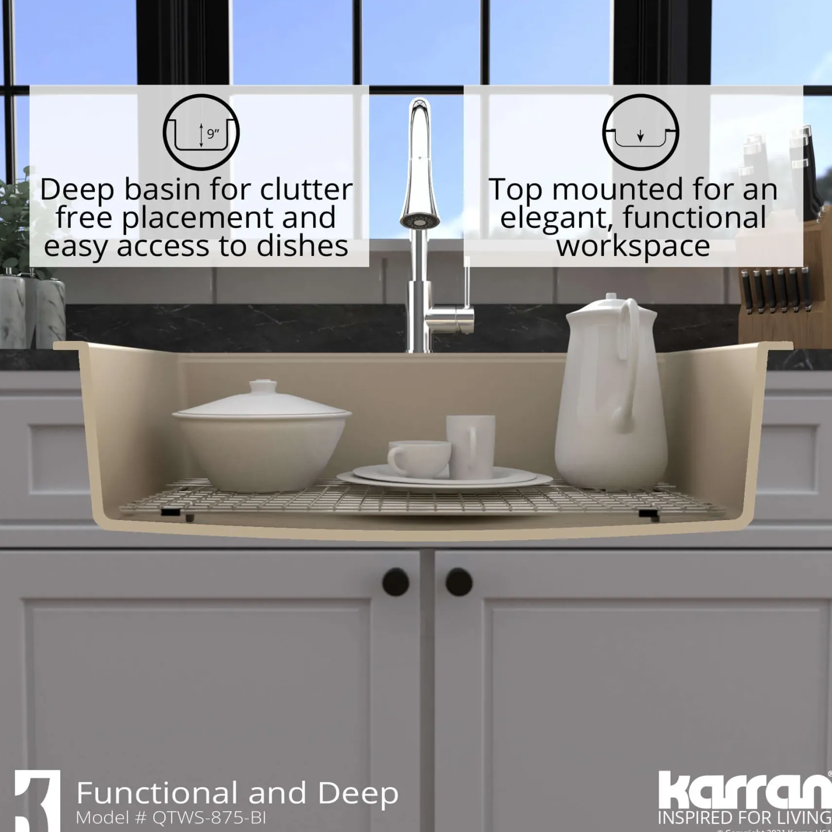 Karran 33" Drop In/Topmount Quartz Composite Workstation Kitchen Sink with Accessories, Bisque, QTWS-875-BI