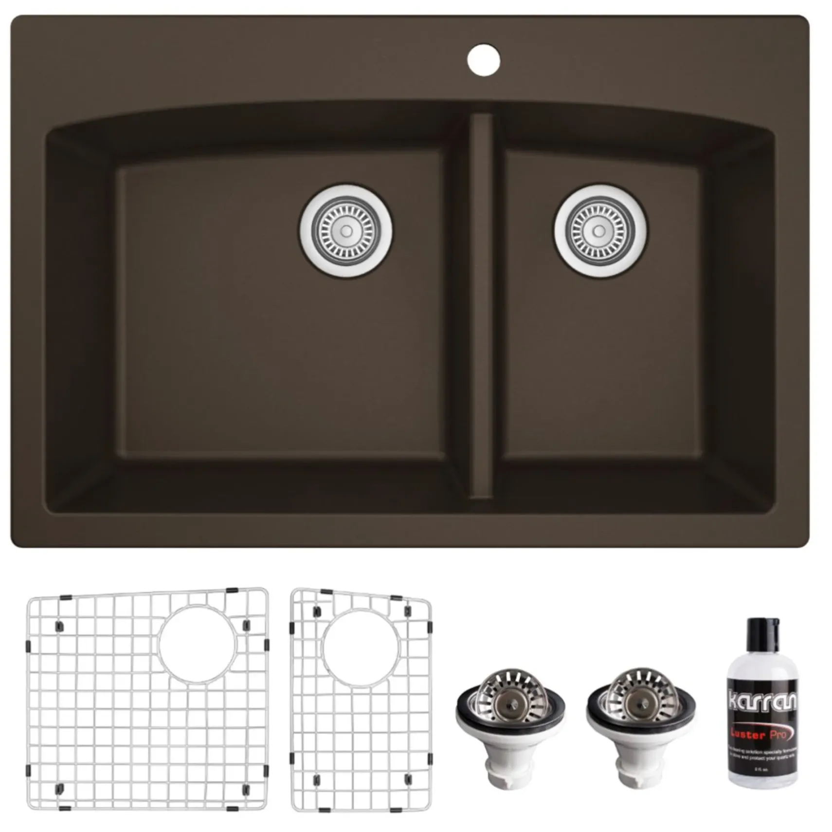 Karran 33" Drop In/Topmount Quartz Composite Kitchen Sink, 60/40 Double Bowl, Brown, QT-711-BR-PK1