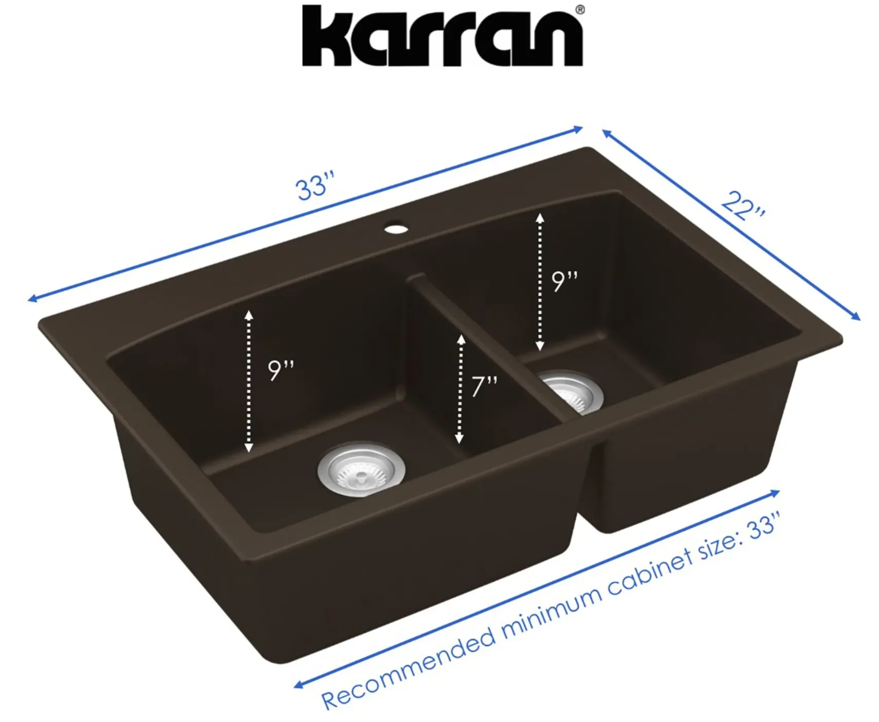 Karran 33" Drop In/Topmount Quartz Composite Kitchen Sink, 60/40 Double Bowl, Brown, QT-711-BR-PK1