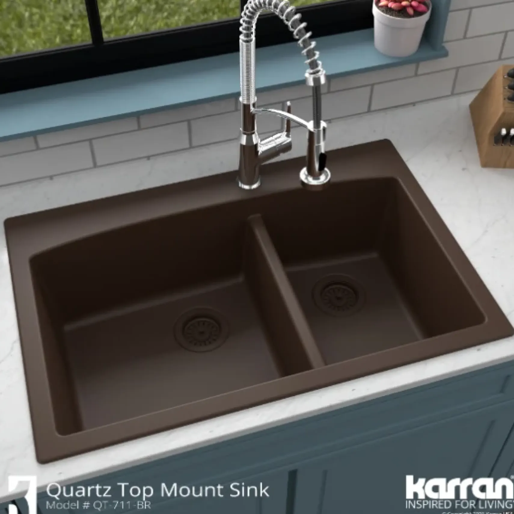 Karran 33" Drop In/Topmount Quartz Composite Kitchen Sink, 60/40 Double Bowl, Brown, QT-711-BR-PK1