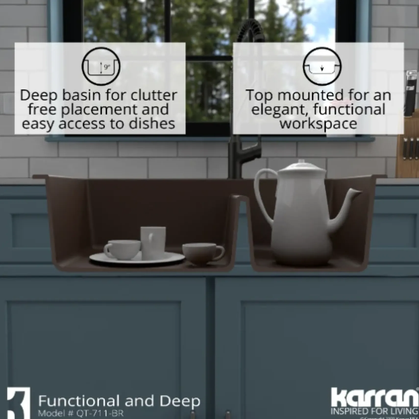 Karran 33" Drop In/Topmount Quartz Composite Kitchen Sink, 60/40 Double Bowl, Brown, QT-711-BR-PK1