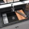Karran 33" Drop In/Topmount Quartz Composite Workstation Kitchen Sink with Accessories, Black, QTWS-875-BL