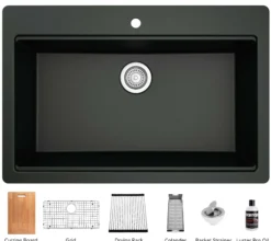 Karran 33" Drop In/Topmount Quartz Composite Workstation Kitchen Sink with Accessories, Black, QTWS-875-BL