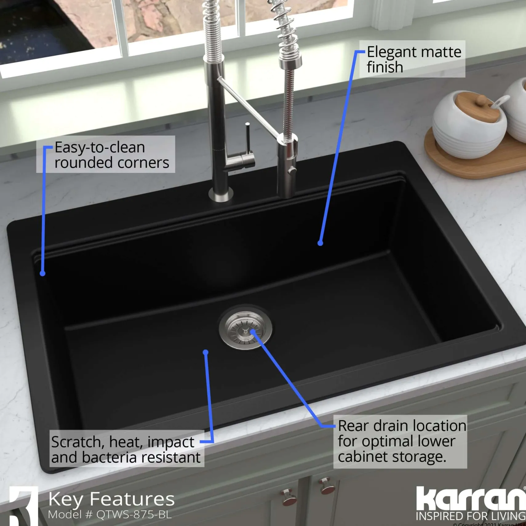 Karran 33" Drop In/Topmount Quartz Composite Workstation Kitchen Sink with Accessories, Black, QTWS-875-BL