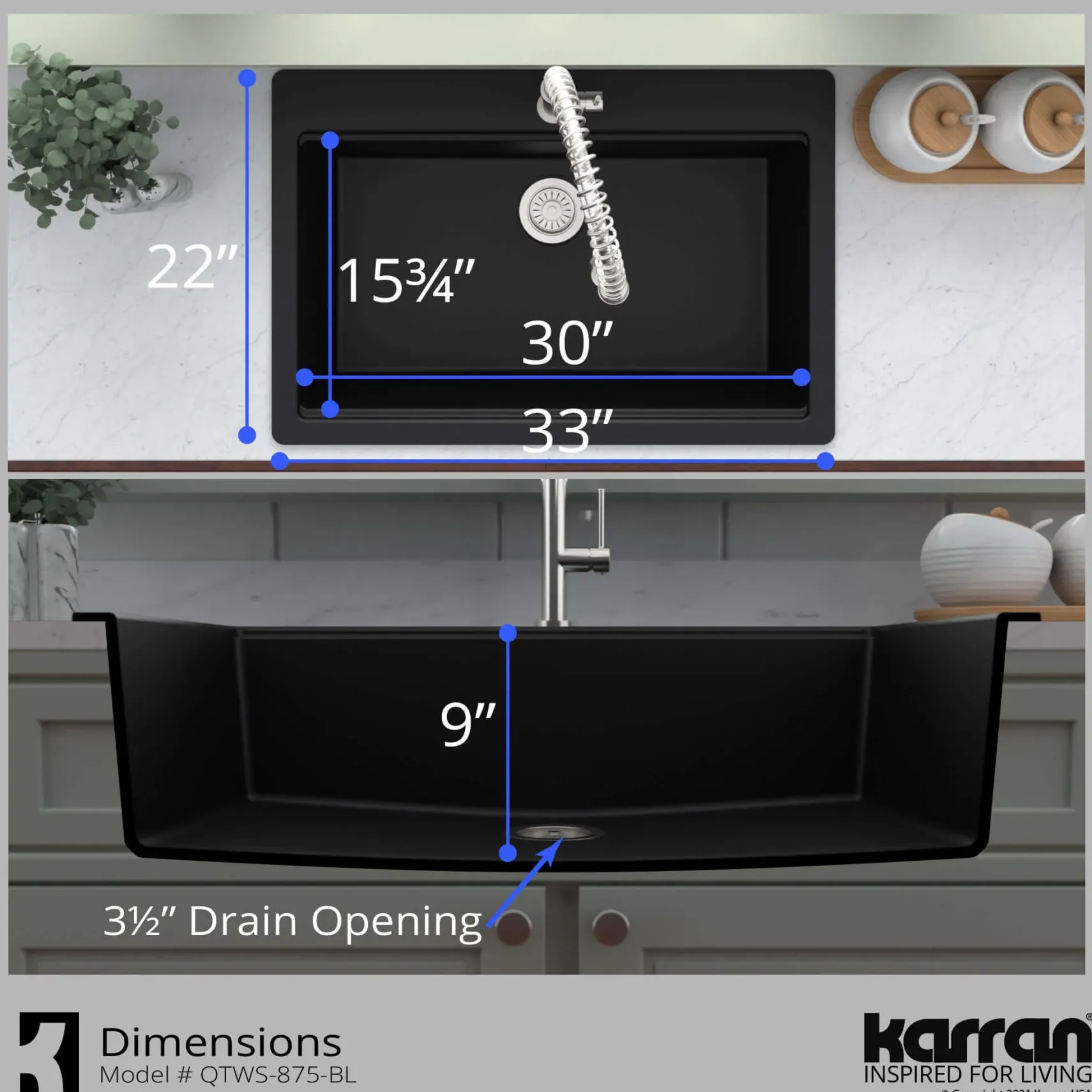 Karran 33" Drop In/Topmount Quartz Composite Workstation Kitchen Sink with Accessories, Black, QTWS-875-BL