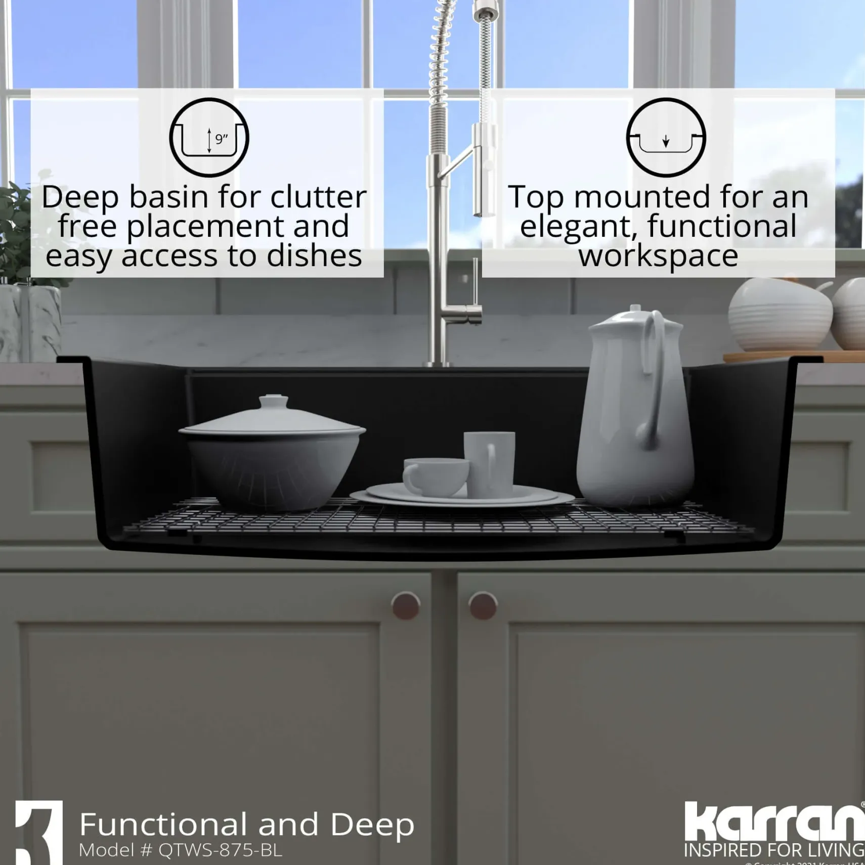 Karran 33" Drop In/Topmount Quartz Composite Workstation Kitchen Sink with Accessories, Black, QTWS-875-BL