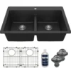 Karran 33" Drop In/Topmount Quartz Composite Kitchen Sink with Accessories, 50/50 Double Bowl, Black, QT-810-BL-PK1