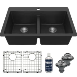 Karran 33" Drop In/Topmount Quartz Composite Kitchen Sink with Accessories, 50/50 Double Bowl, Black, QT-810-BL-PK1