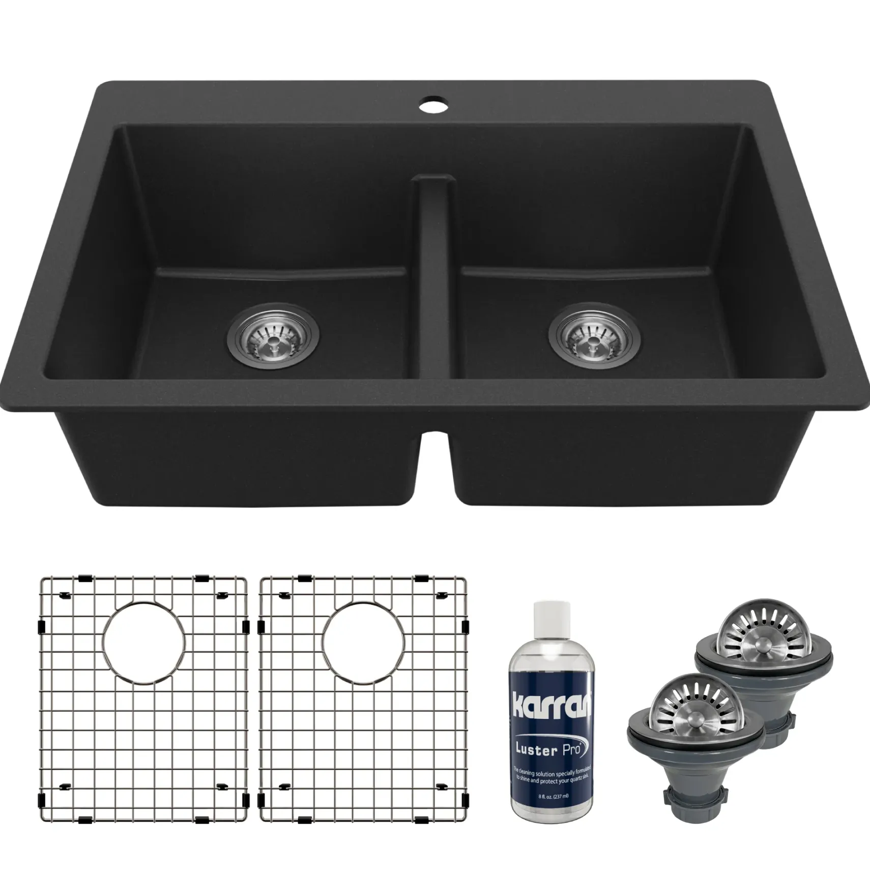 Karran 33" Drop In/Topmount Quartz Composite Kitchen Sink with Accessories, 50/50 Double Bowl, Black, QT-810-BL-PK1