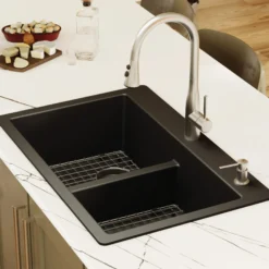 Karran 33" Drop In/Topmount Quartz Composite Kitchen Sink with Accessories, 50/50 Double Bowl, Black, QT-810-BL-PK1