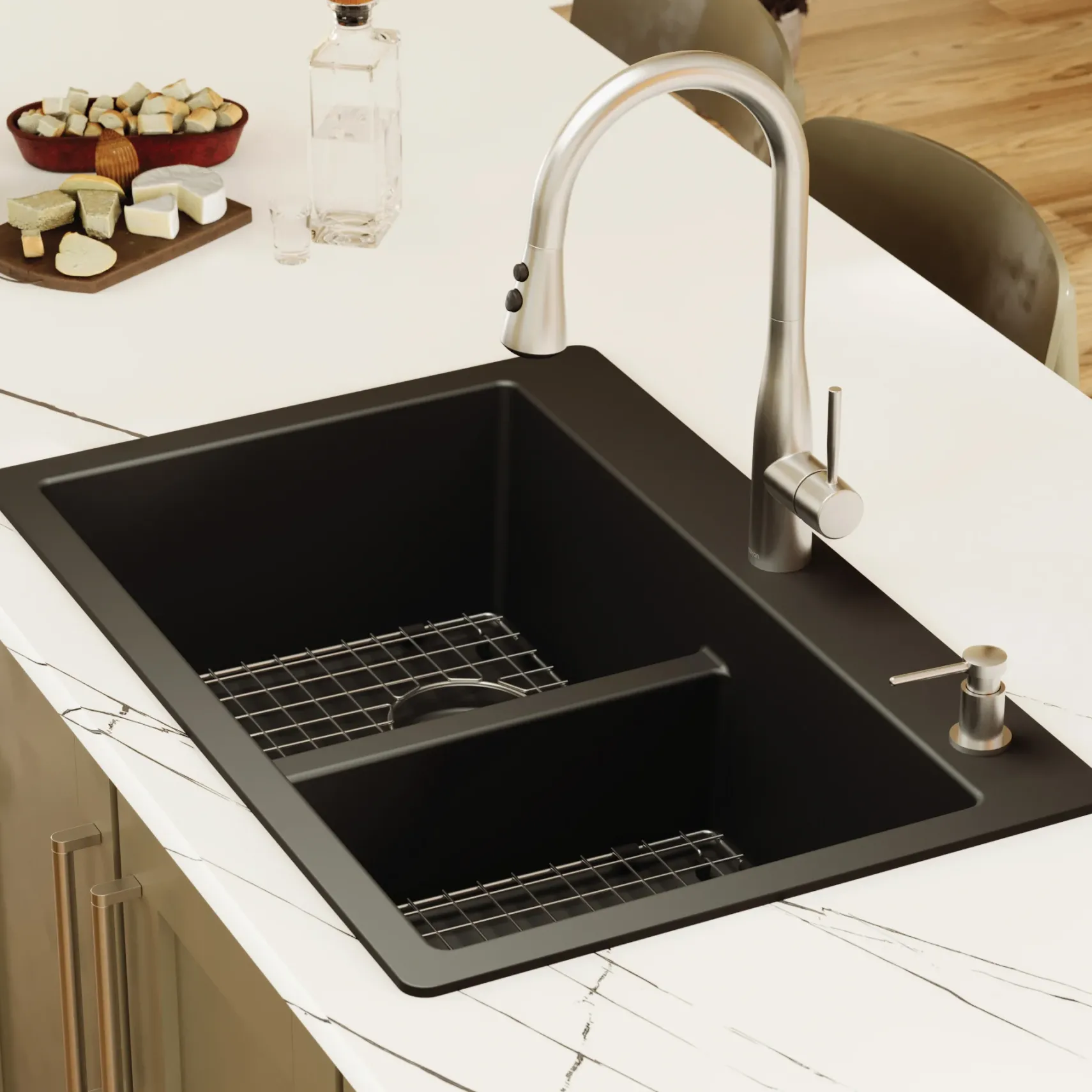 Karran 33" Drop In/Topmount Quartz Composite Kitchen Sink with Accessories, 50/50 Double Bowl, Black, QT-810-BL-PK1