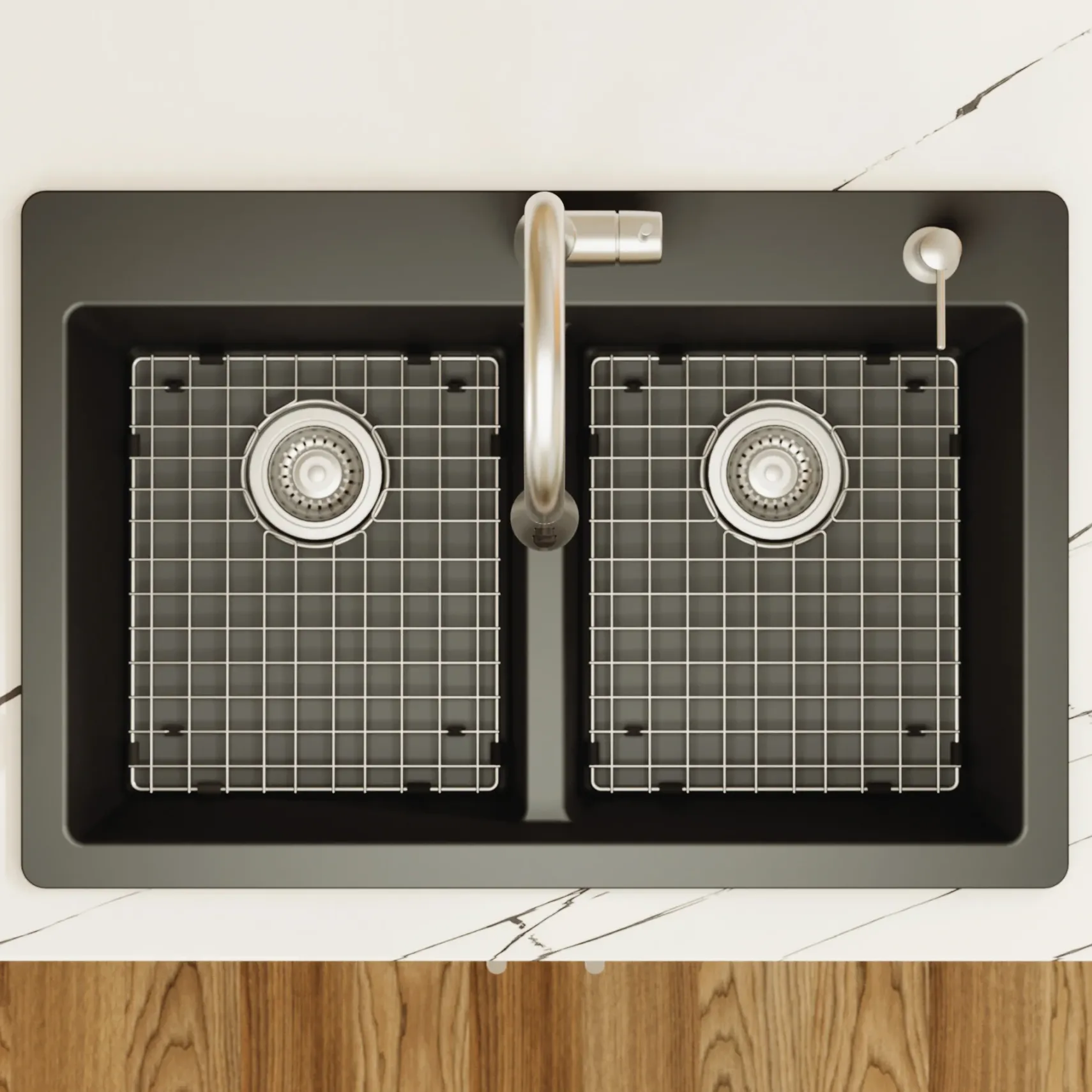 Karran 33" Drop In/Topmount Quartz Composite Kitchen Sink with Accessories, 50/50 Double Bowl, Black, QT-810-BL-PK1