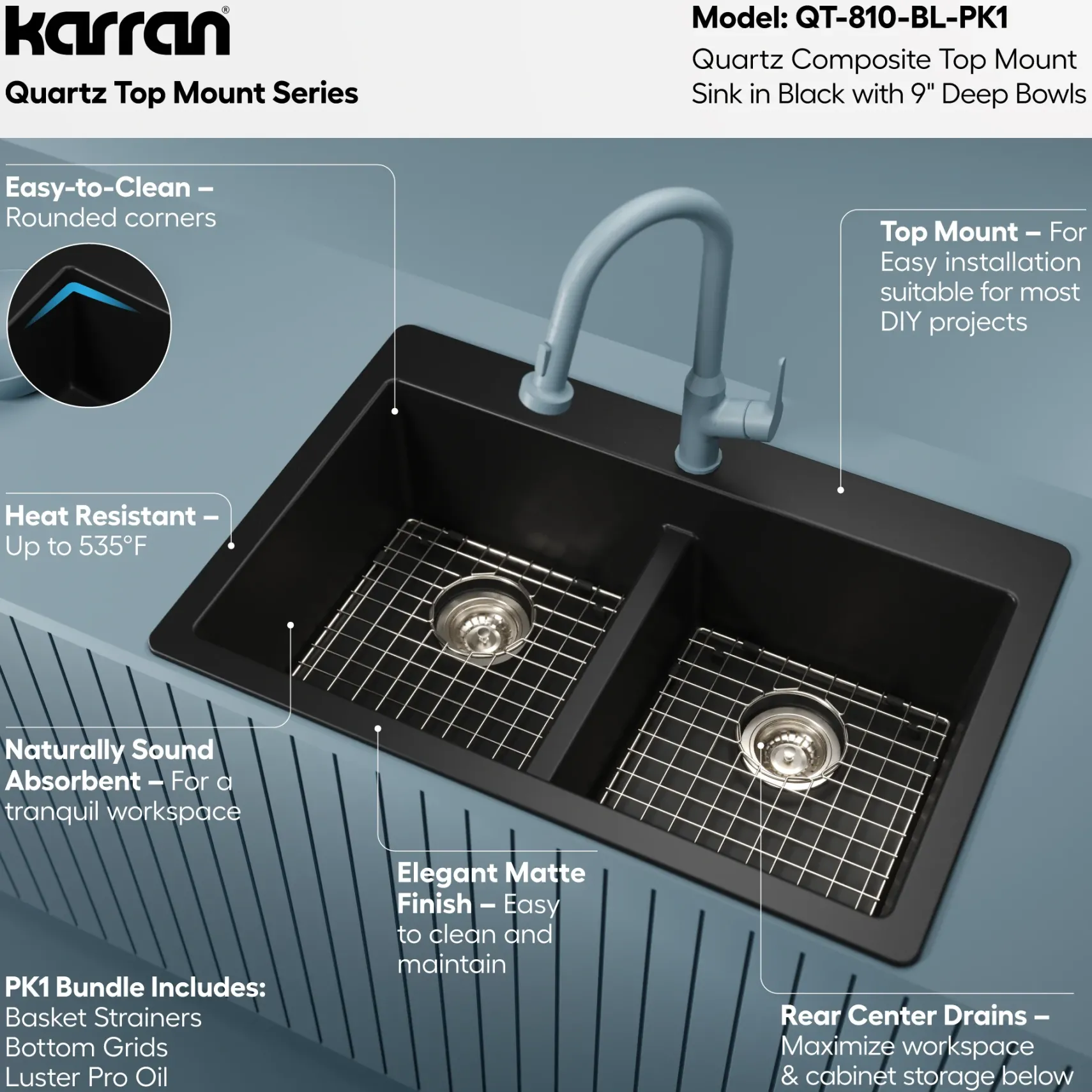 Karran 33" Drop In/Topmount Quartz Composite Kitchen Sink with Accessories, 50/50 Double Bowl, Black, QT-810-BL-PK1