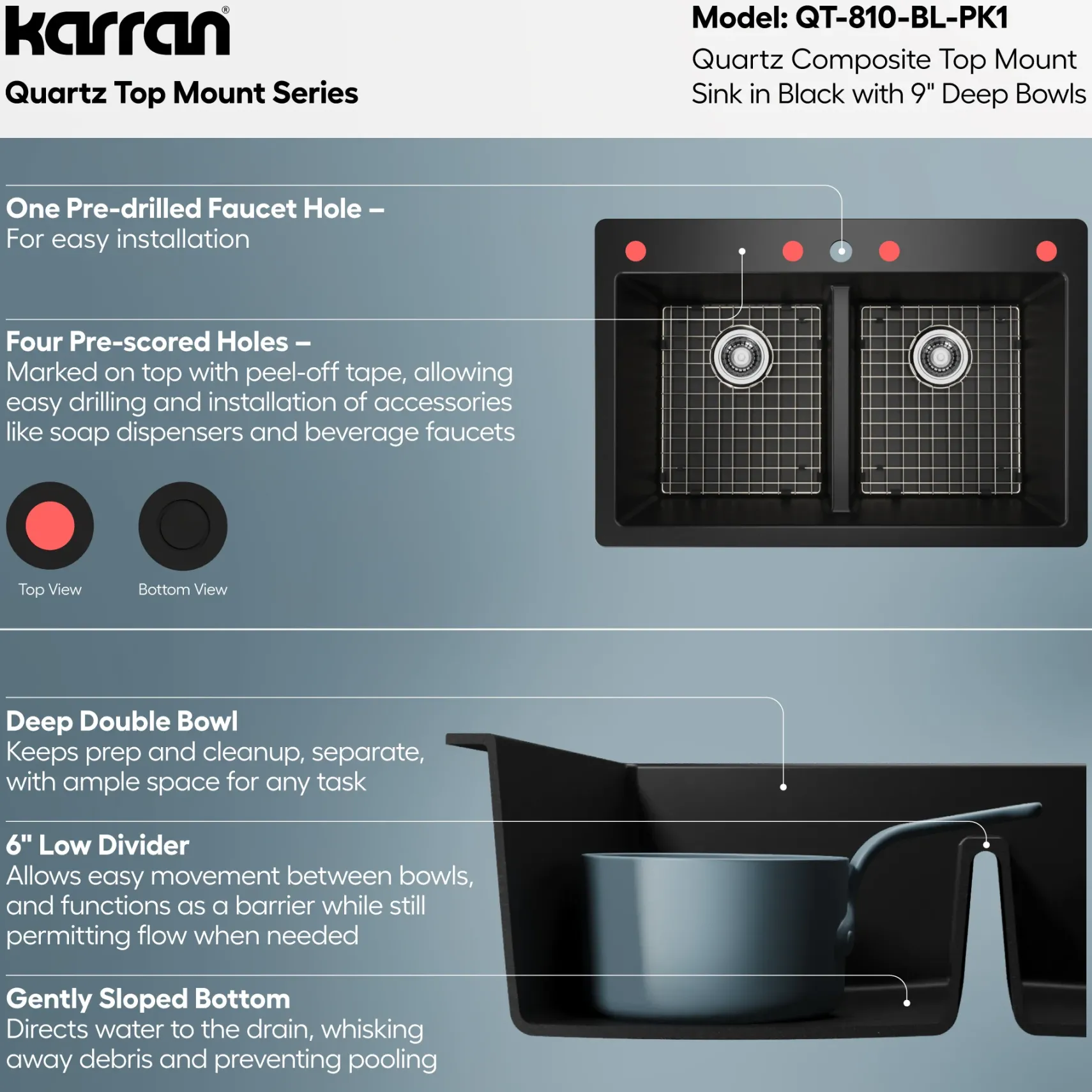 Karran 33" Drop In/Topmount Quartz Composite Kitchen Sink with Accessories, 50/50 Double Bowl, Black, QT-810-BL-PK1