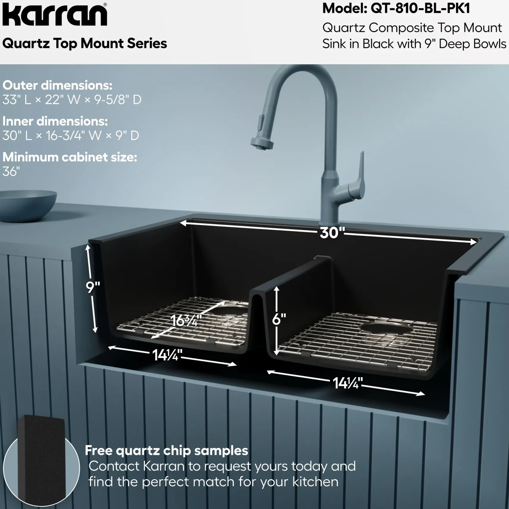 Karran 33" Drop In/Topmount Quartz Composite Kitchen Sink with Accessories, 50/50 Double Bowl, Black, QT-810-BL-PK1