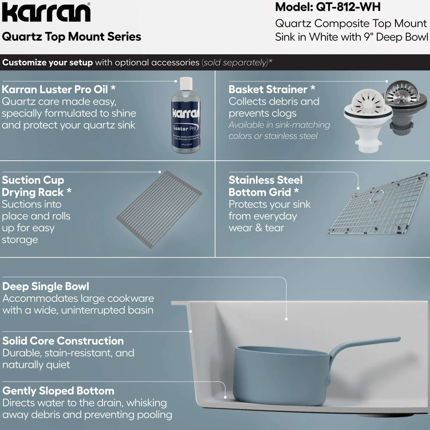 Karran 33" Drop In/Topmount Quartz Composite Kitchen Sink, White, QT-812-WH
